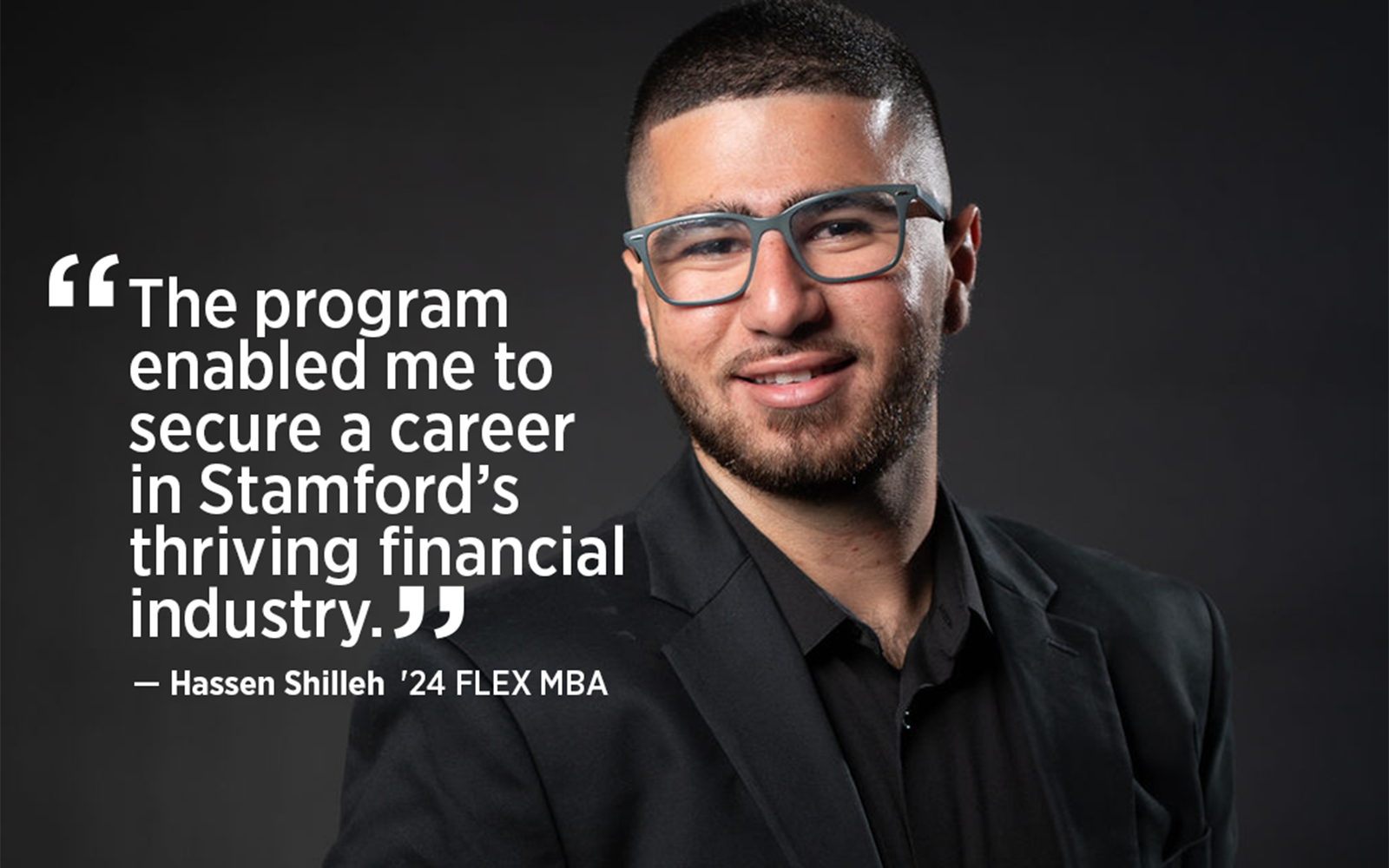 UConn Flex MBA student headshot and quote "The program enabled me to secure a career in Stamford's thriving financial industry." 